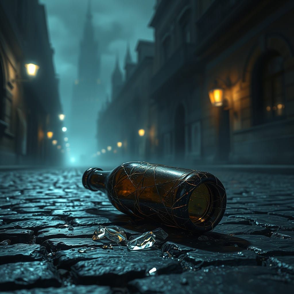 Mystical Cityscape with Shattered Beer Bottle