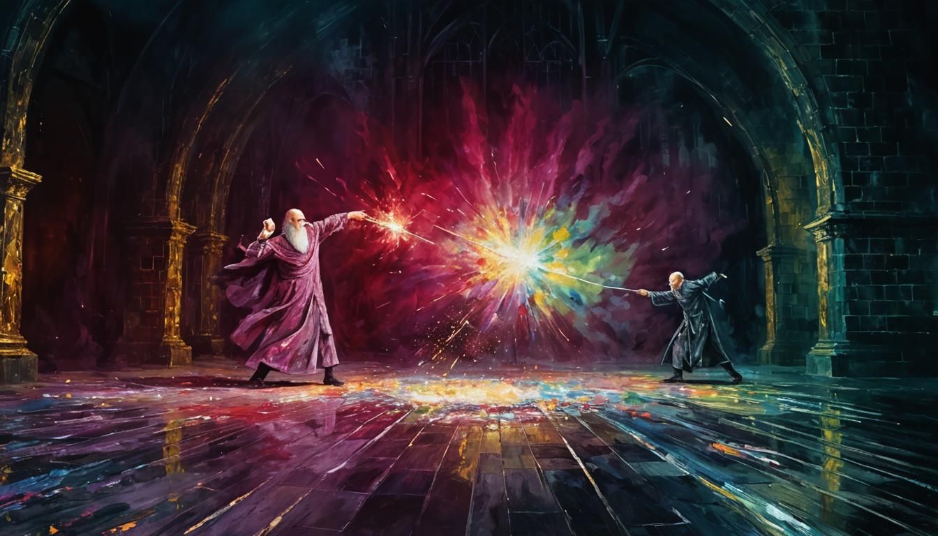 Epic Wizard Duel in Neo-Impressionist Style