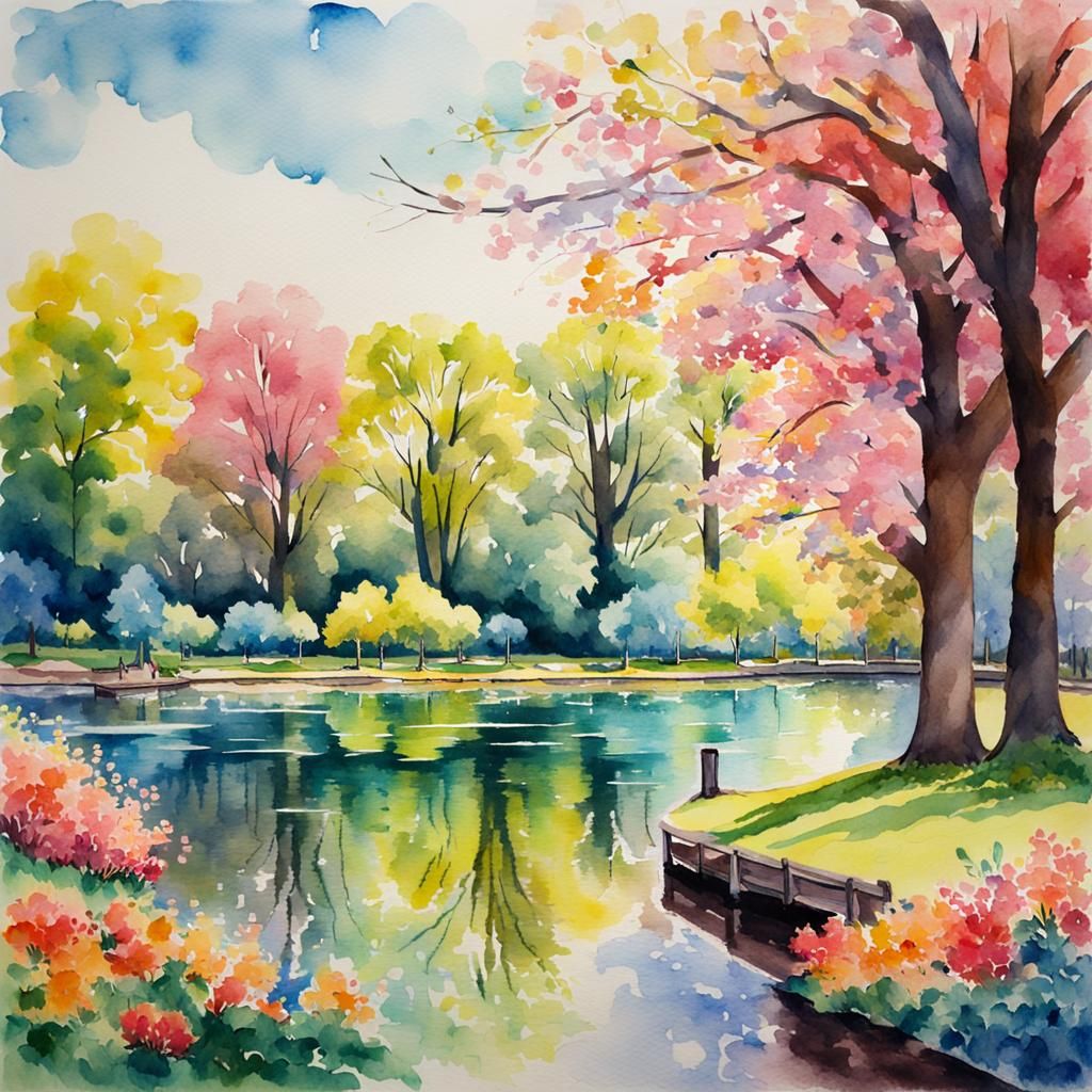 Colorful Spring Park in Watercolor Impressionist Style