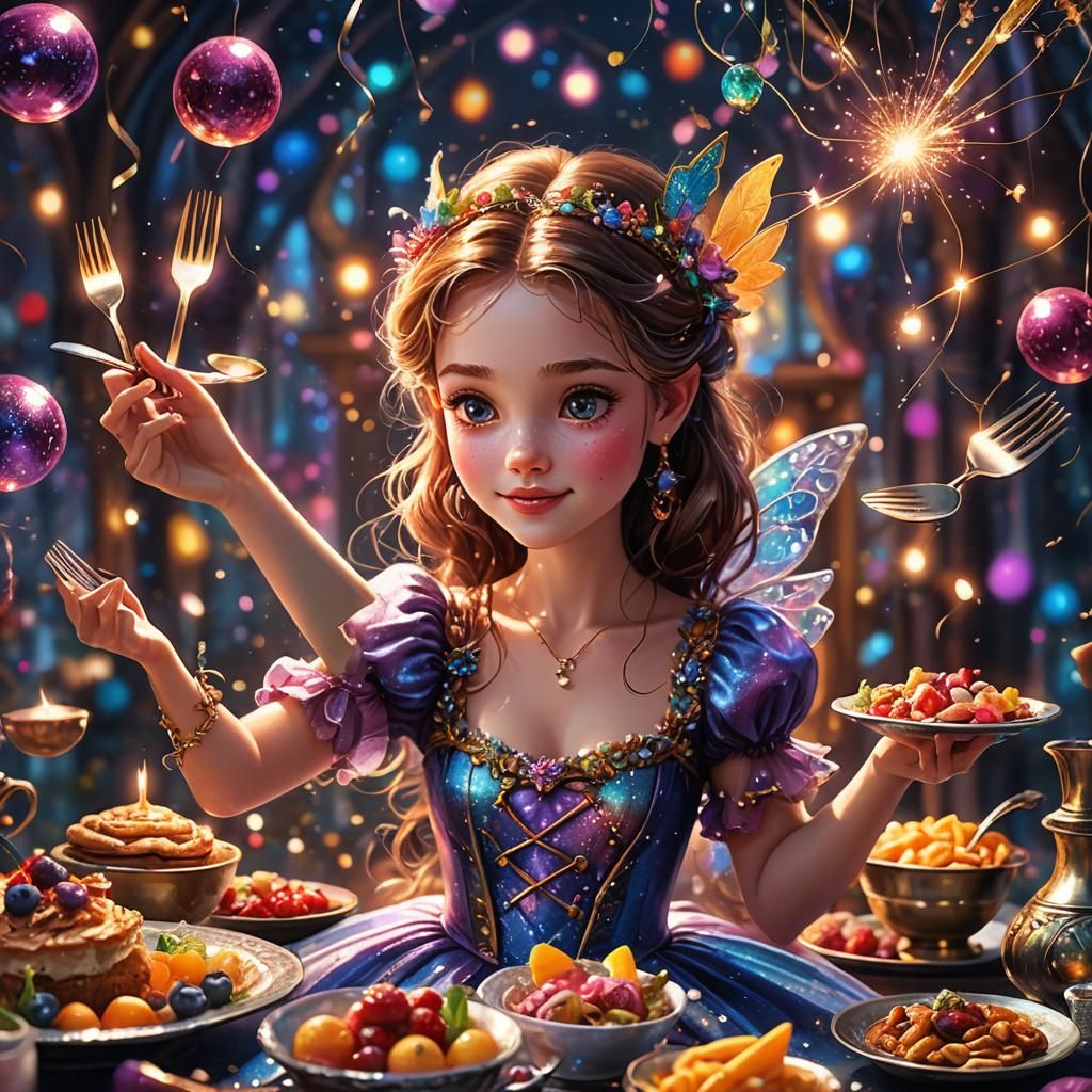 Girl with Magic Fork in a Vibrant Fantasy Feast