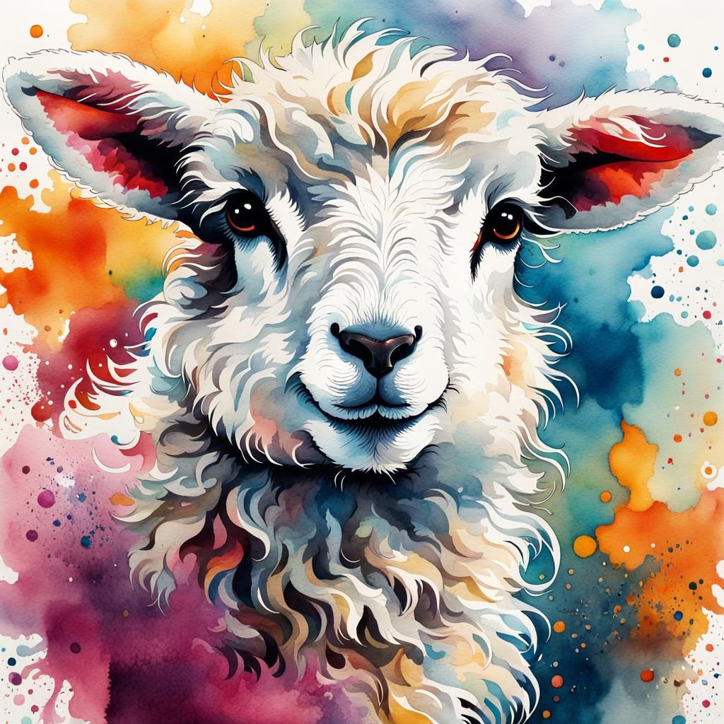 Whimsical Lamb in Watercolor with Ink Splashes