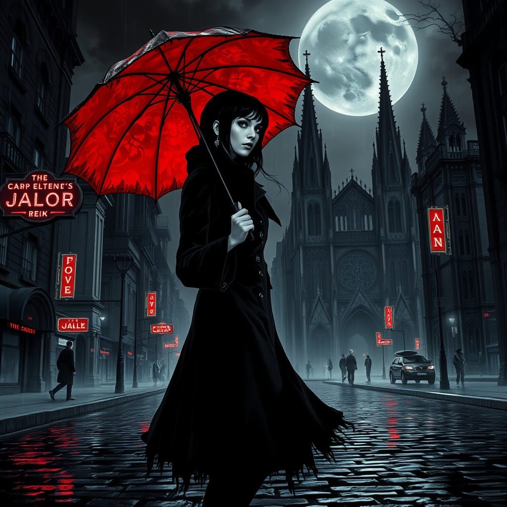 Gothic Metropolis at Dusk, in Dark, High-Contrast Style