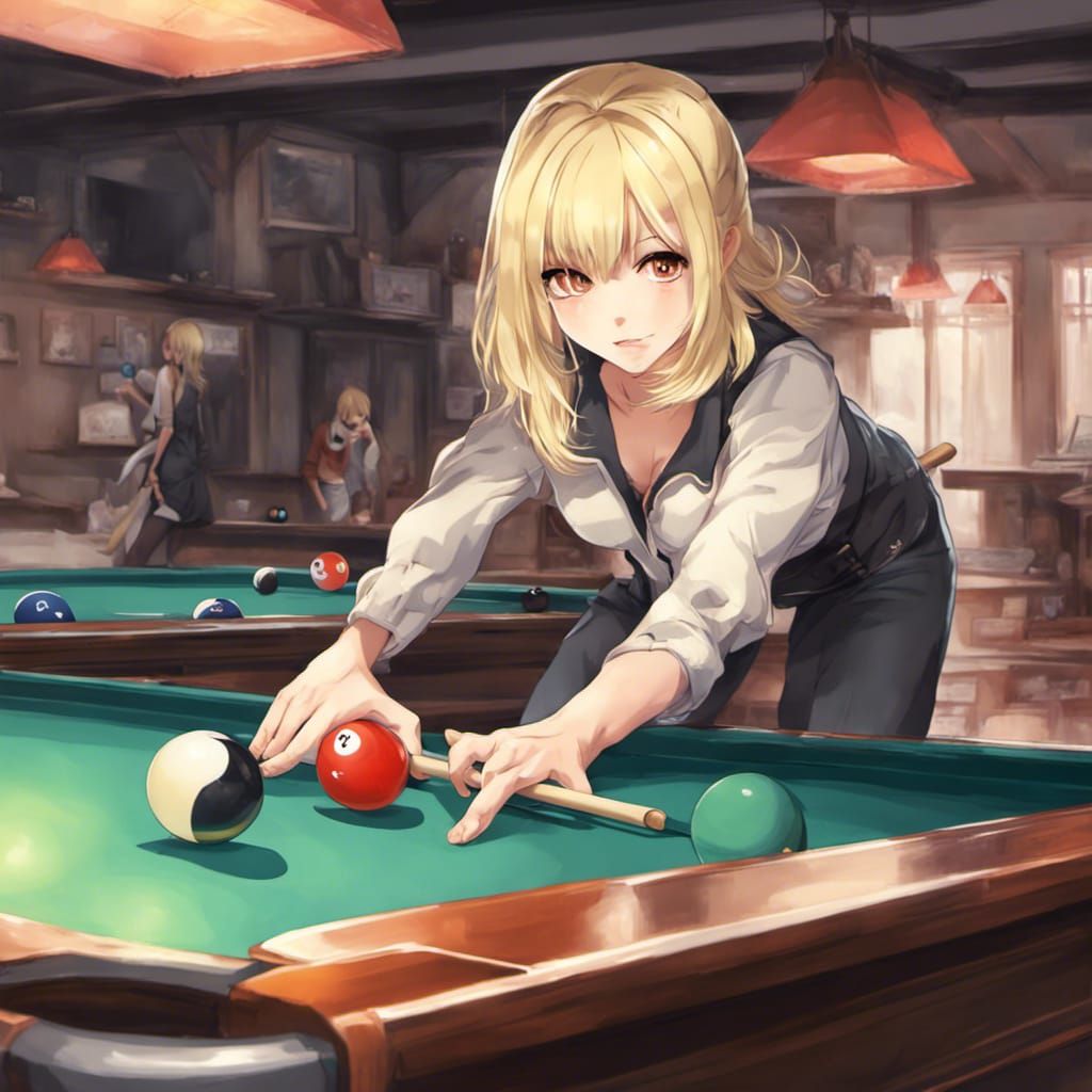 Blonde Woman Plays Pool in Anime Style