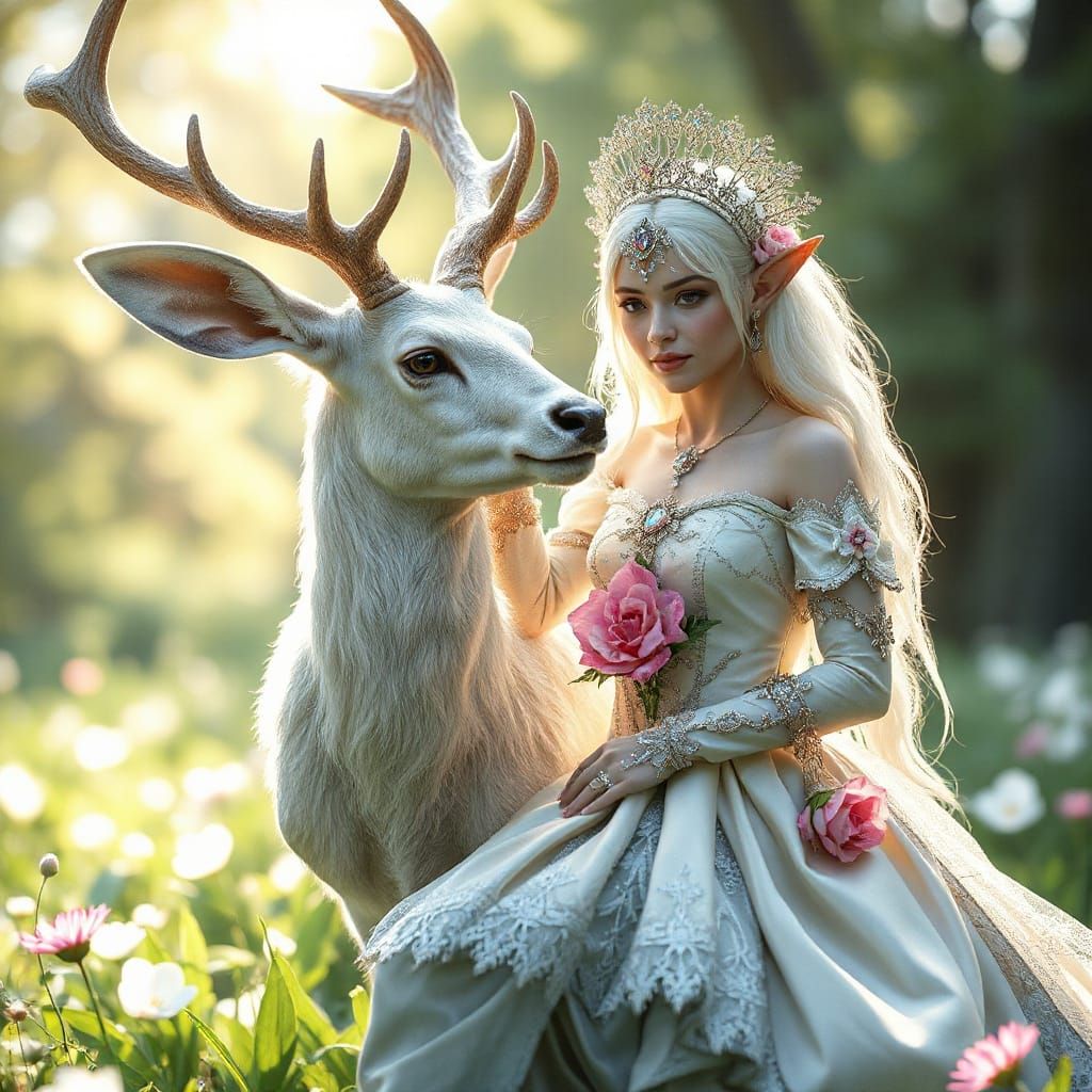 Mystical White Deer and Elven Queen in Art Nouveau Style