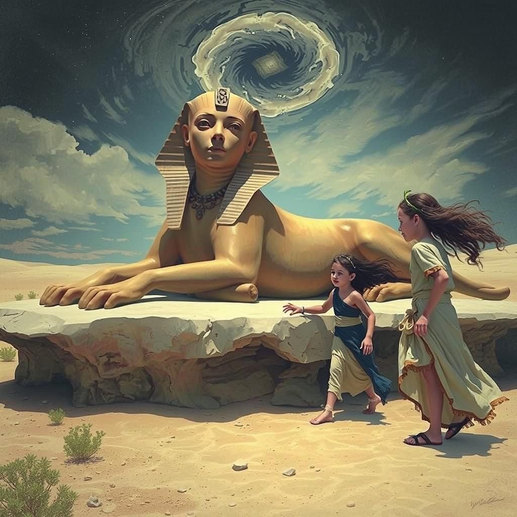 Surreal Sphinx in Desert Landscape with Children