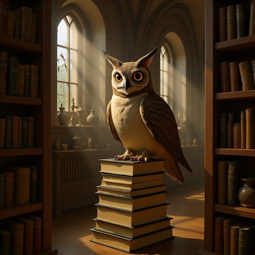 Wise Owl in Library, Fantasy Realism Style