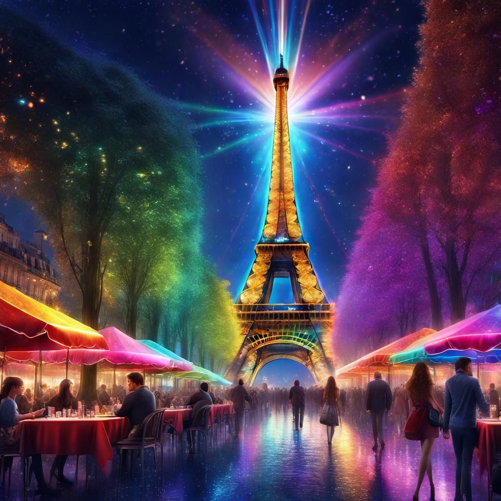 Rainbow Prism Eiffel Tower at Night