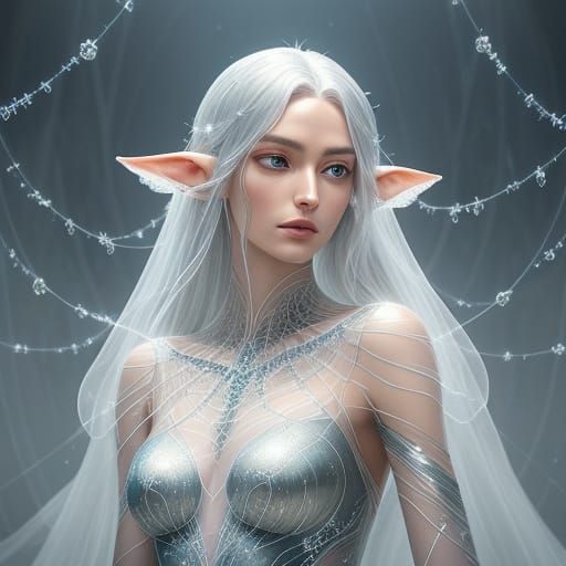 Elf Maiden in Translucent Spiderweb Dress with Dew