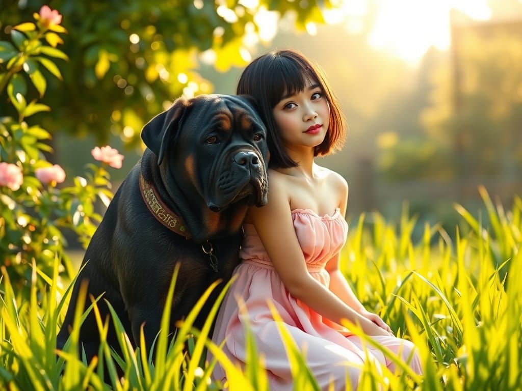 Woman and Rottweiler in Japanese Garden, Digital Art