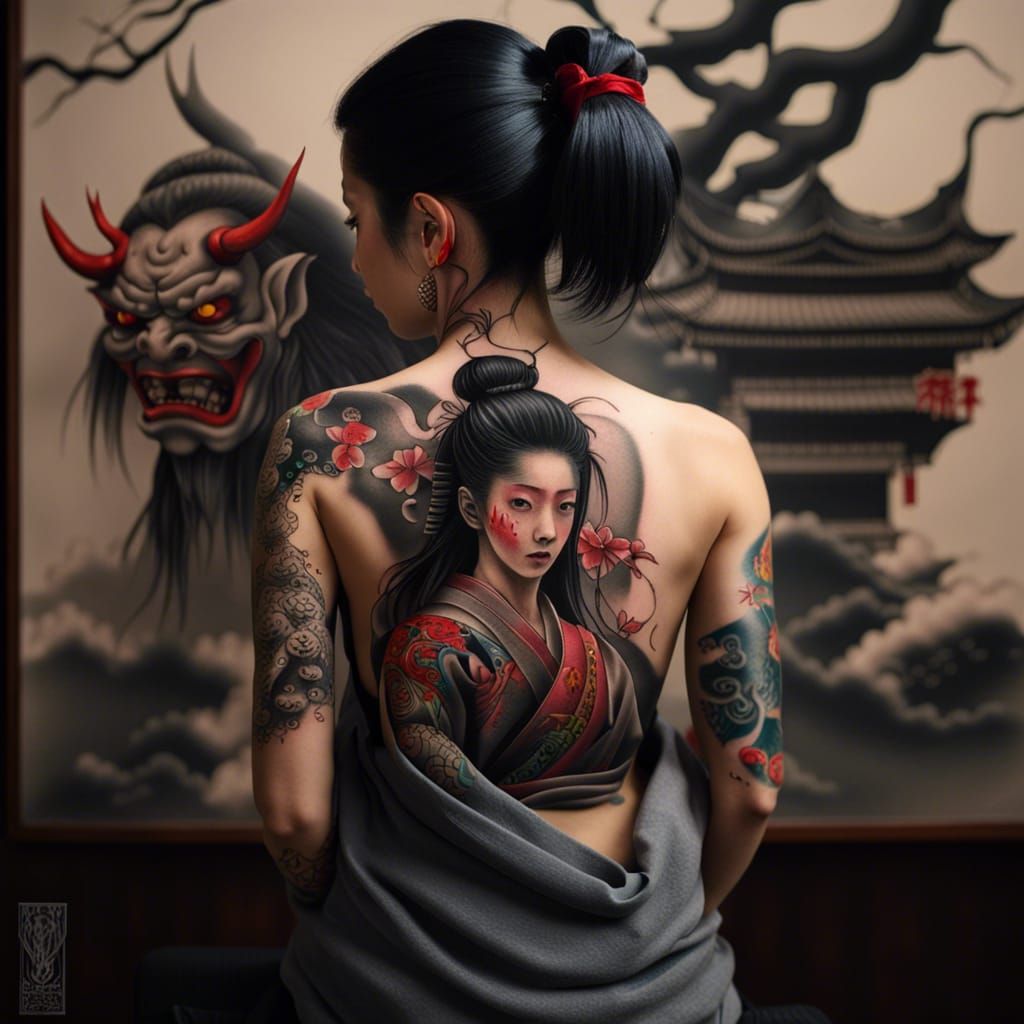 Japanese Girl with Oni Tattoo: Photorealistic Art