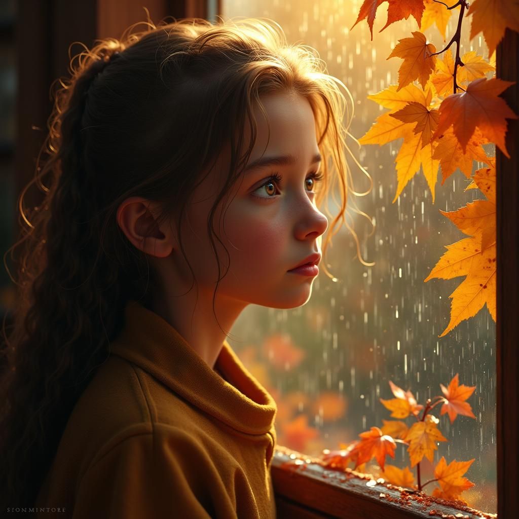 Girl Gazing at Autumn Rain, Digital Matte Painting