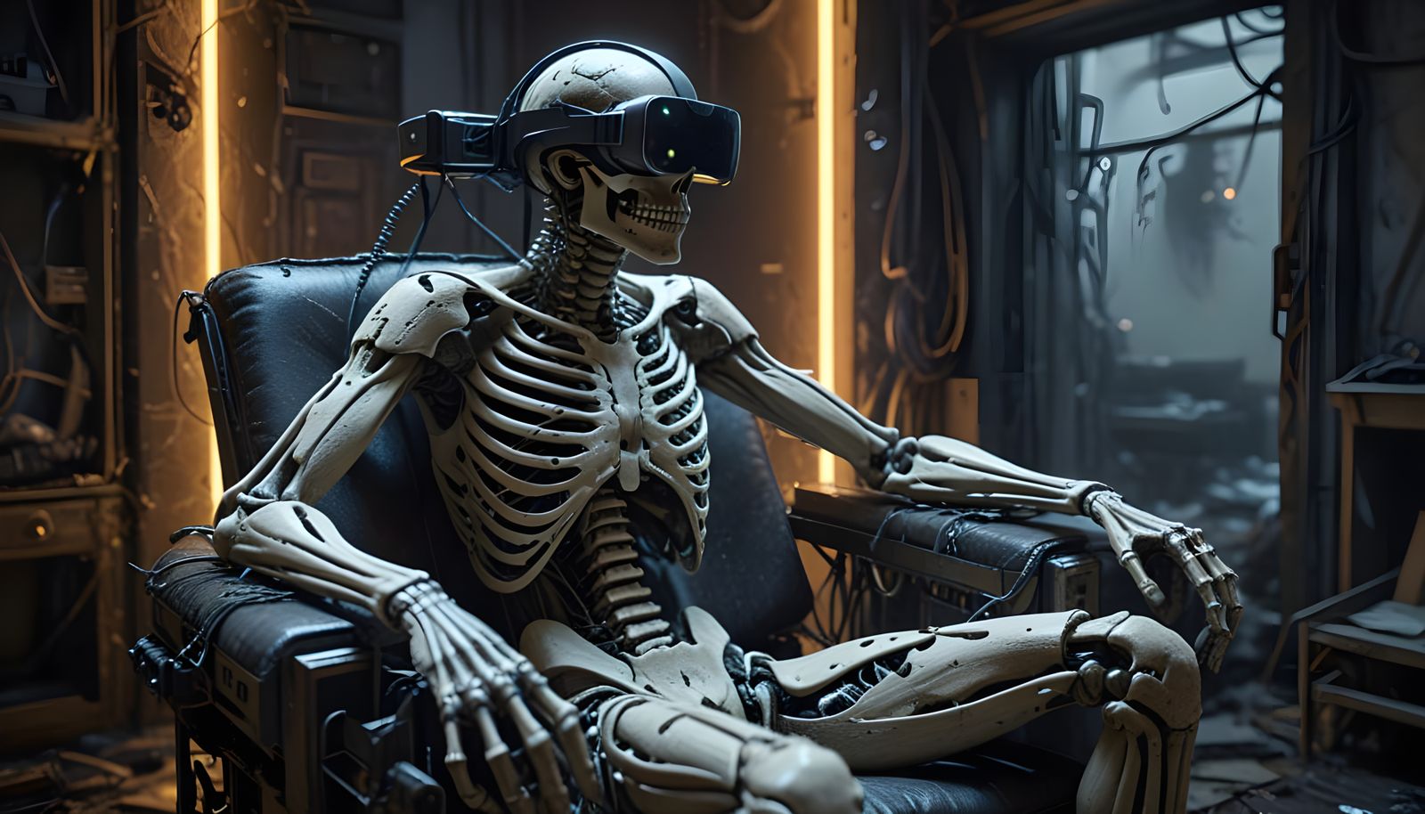 Intricate Cyberpunk Skeleton in Abandoned Room