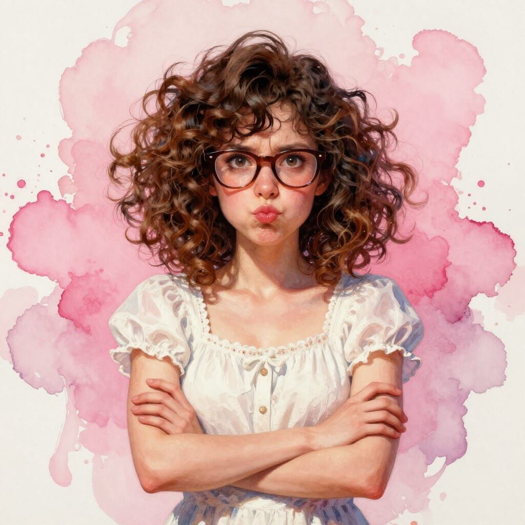 Cute Nerdy Woman Pouting in Cottagecore Dress