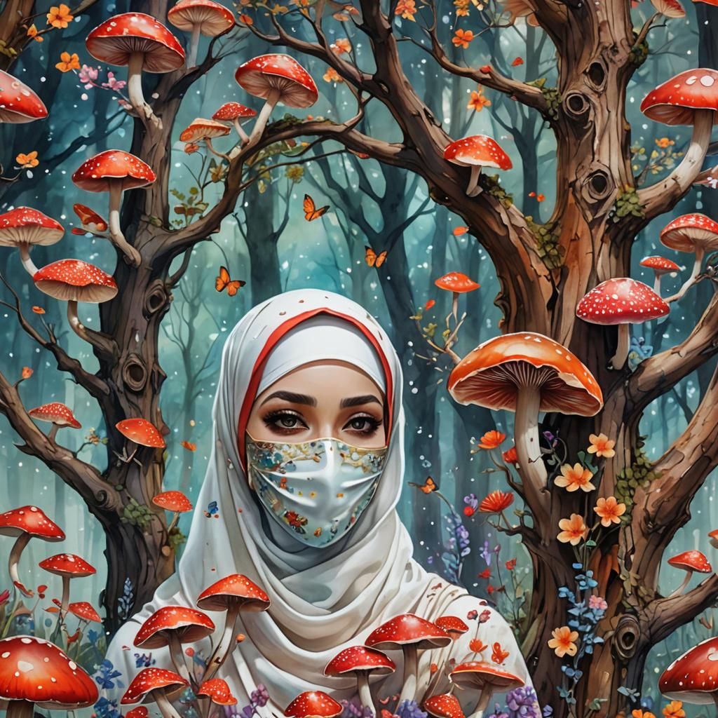 Bioluminescent Mushrooms Collected by Facemasked Woman: Wate...