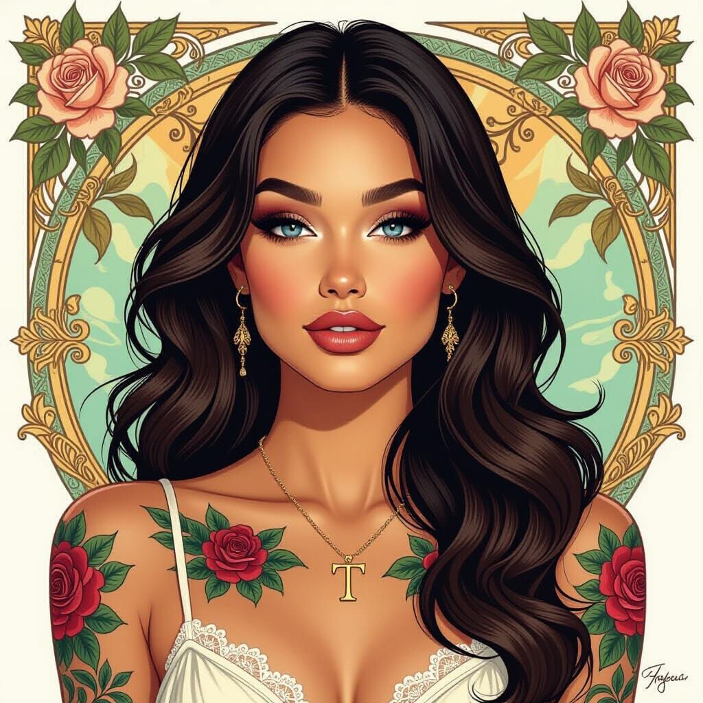 Elegant Woman with Rose Tattoos in Art Nouveau Style