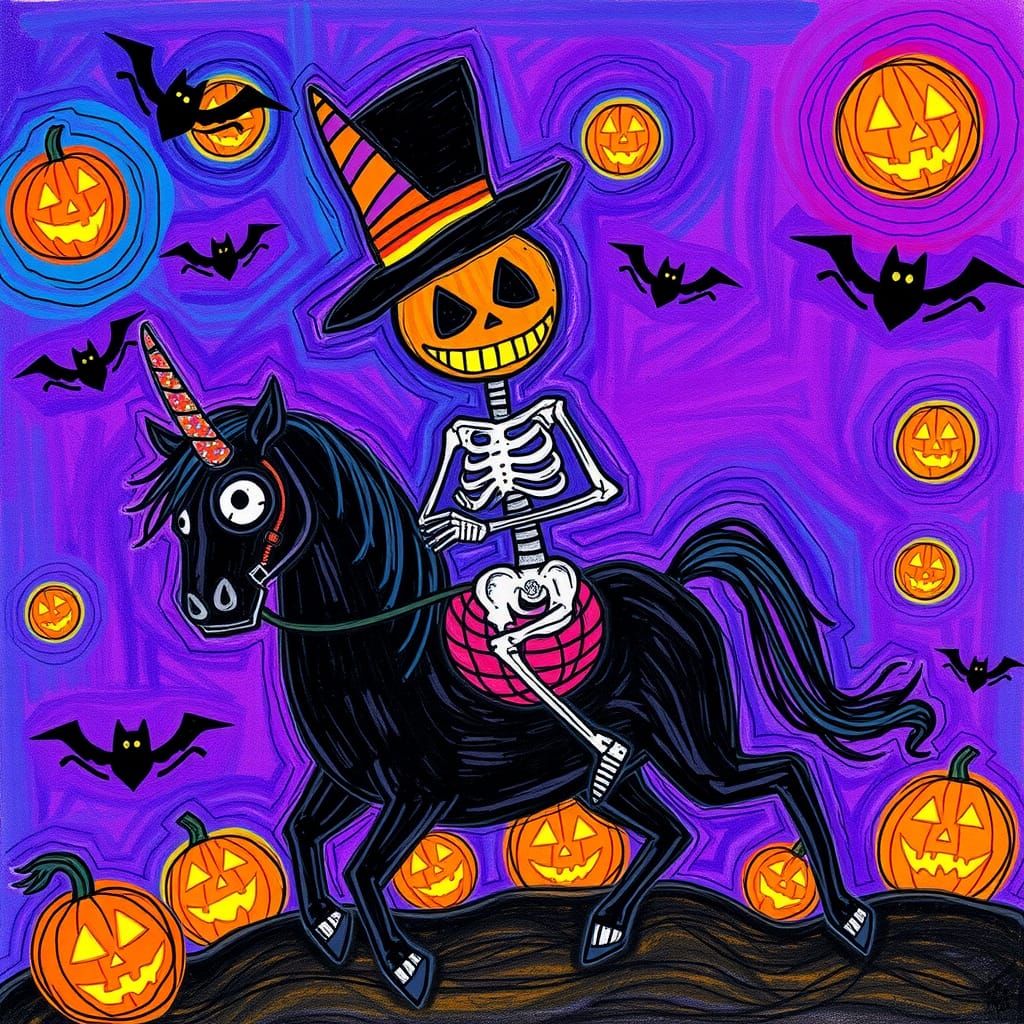 Halloween Skeleton Rides Unicorn in Childlike Crayon Style