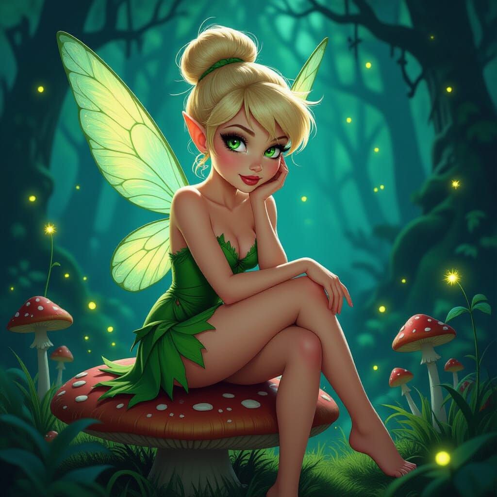 Tinkerbell in Bioluminescent Forest, Gothic Fantasy Illustra...