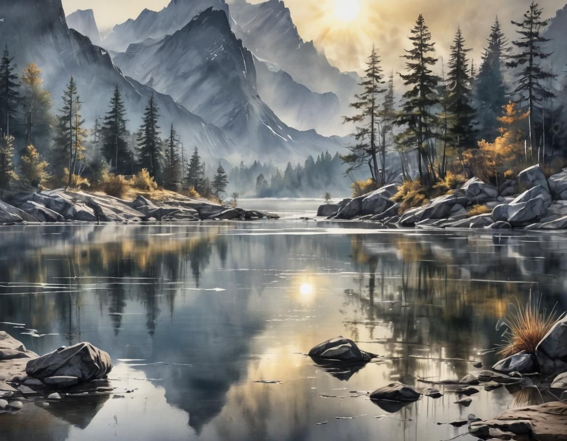 Sunlit Mountain Lake in Watercolor Style
