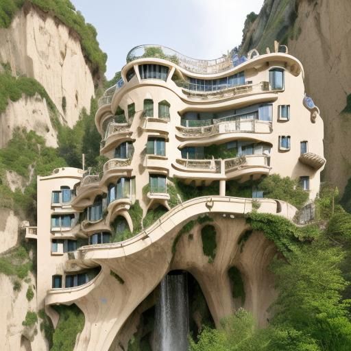Whimsical Cliffside Village Waterfall Architecture