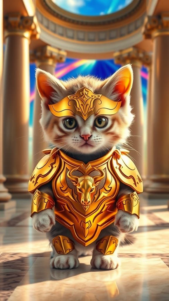 Golden Kitten Knight in Ancient Greek Splendor