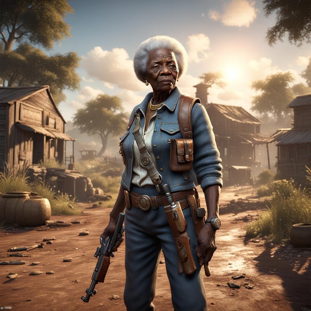 Detailed 3D Rendering of Elderly Woman with Pistol