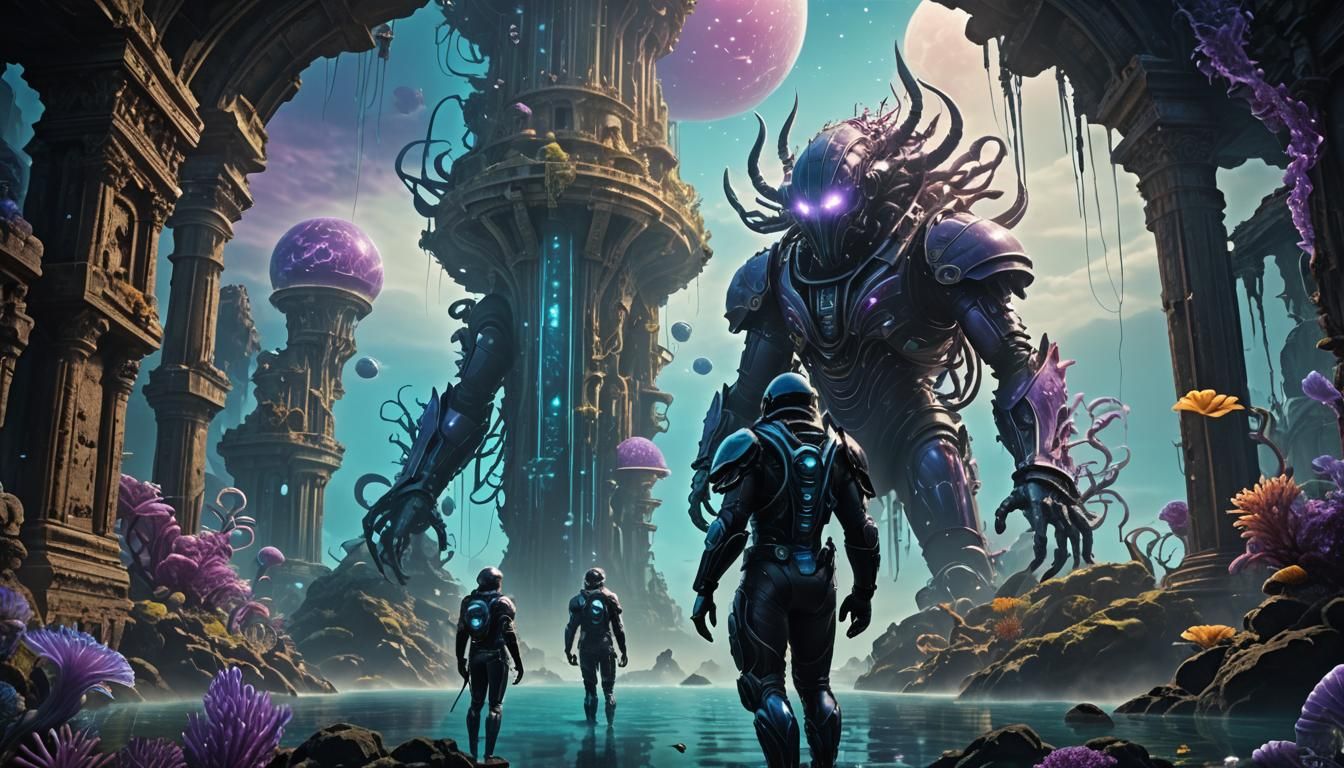 Diver Explores Bioluminescent Underwater Ruins in Surreal St...