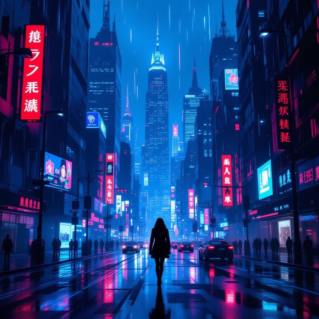 Cyberpunk Metropolis at Dusk in Dystopian Style