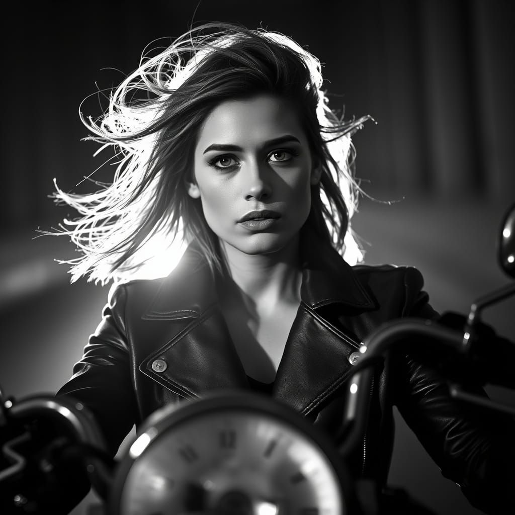 A Woman on a Black and White Motorcycle for a Tattoo in High...