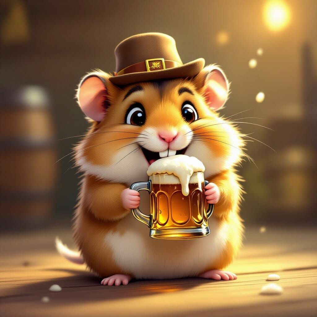 Adorable Hamster Chugs Beer in Cartoony Style