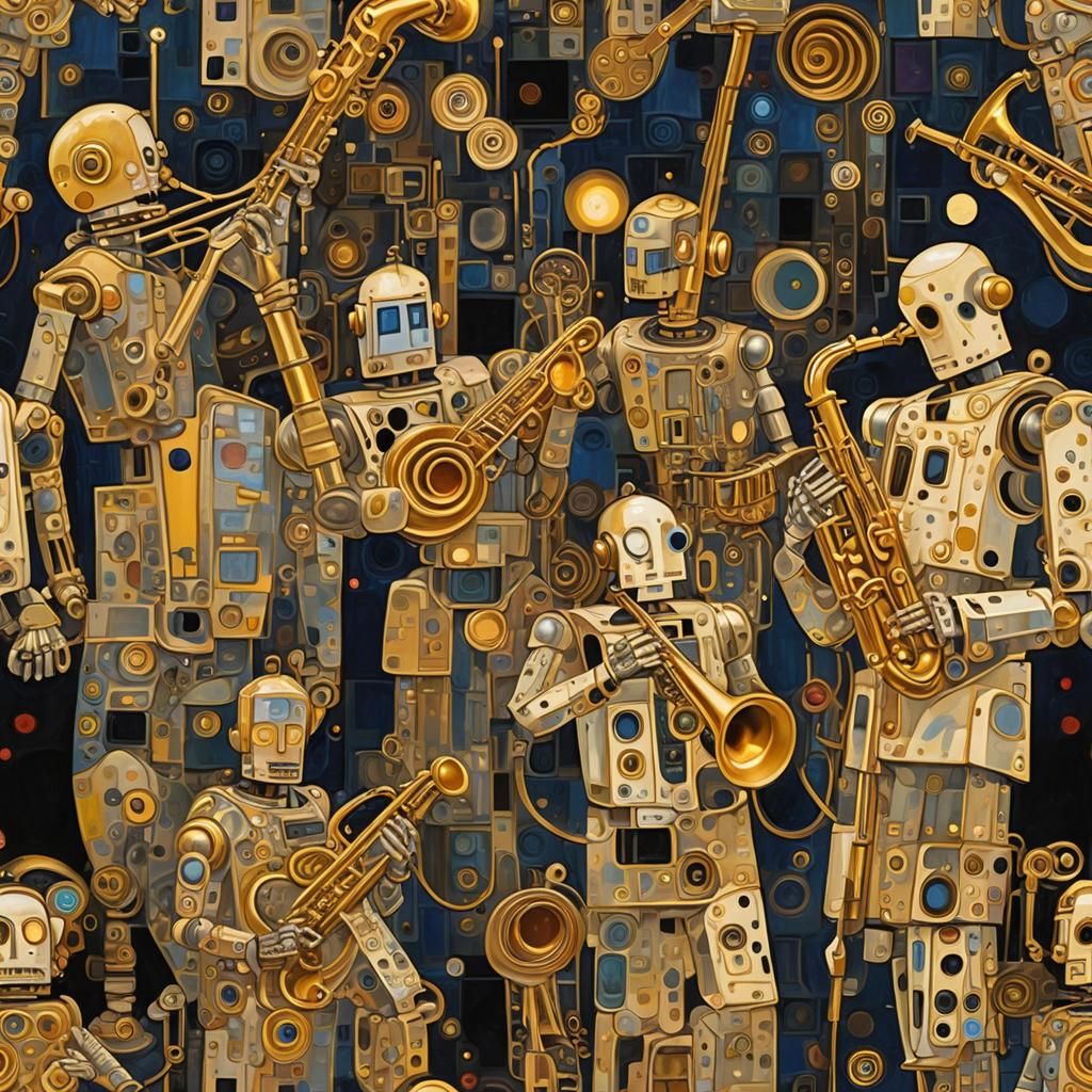 Robot Jazz Band in Post-Impressionist Style