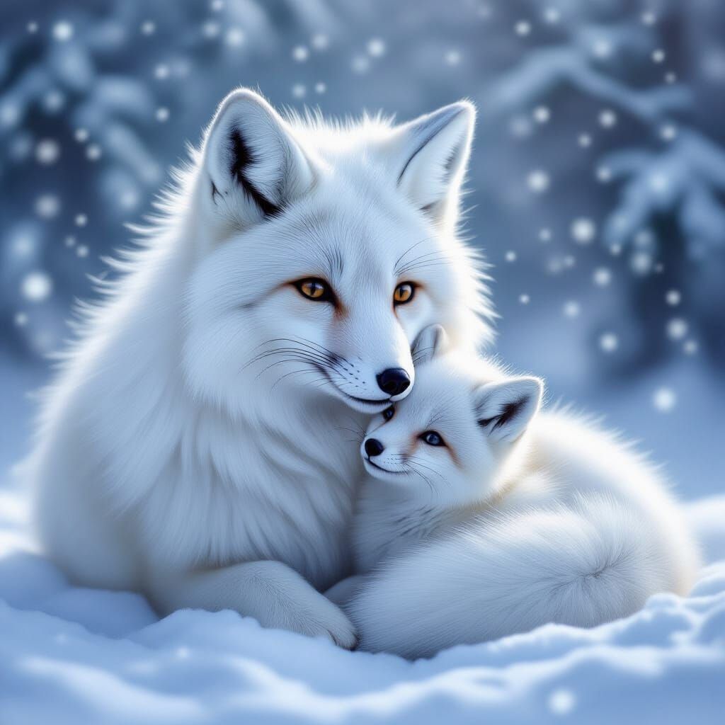 Mother Snow Fox With Cub in Ethereal Mist
