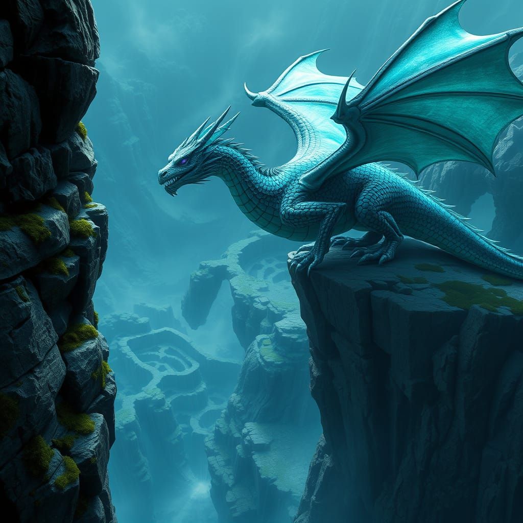 Majestic Jade and Sapphire Dragon Scales on Cliff Edge