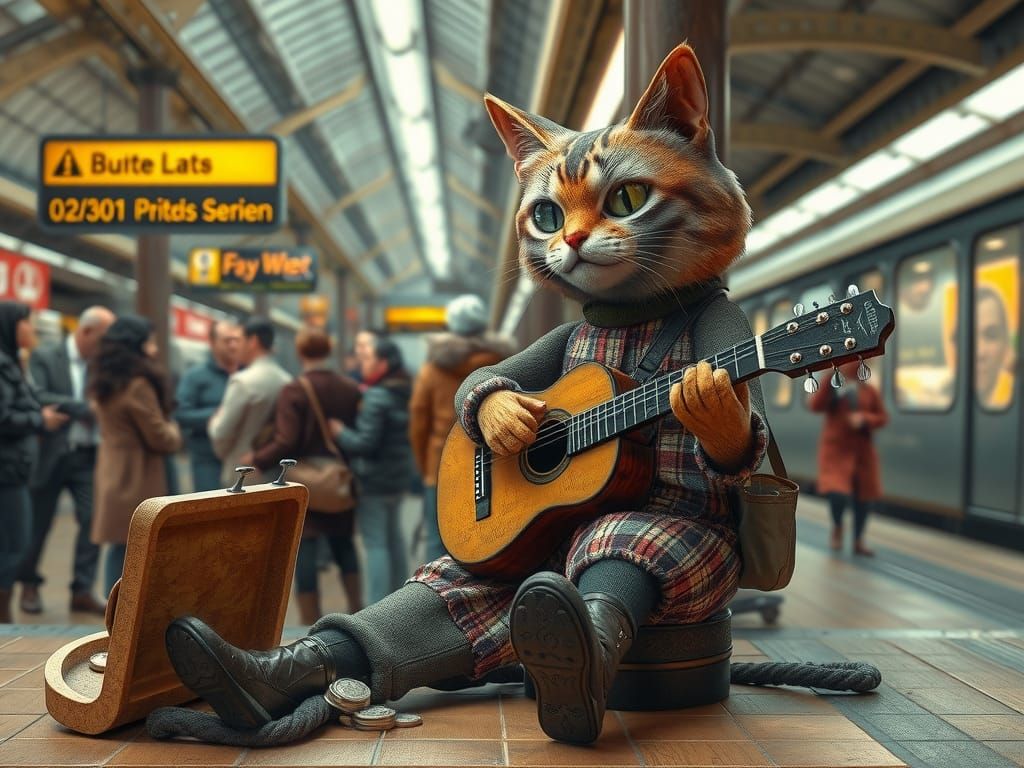 Whimsical Busker Cat in Folk Art Style