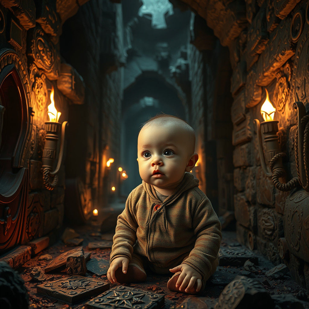 Baby in Labyrinthine Maze, Hyperrealistic HDR Image