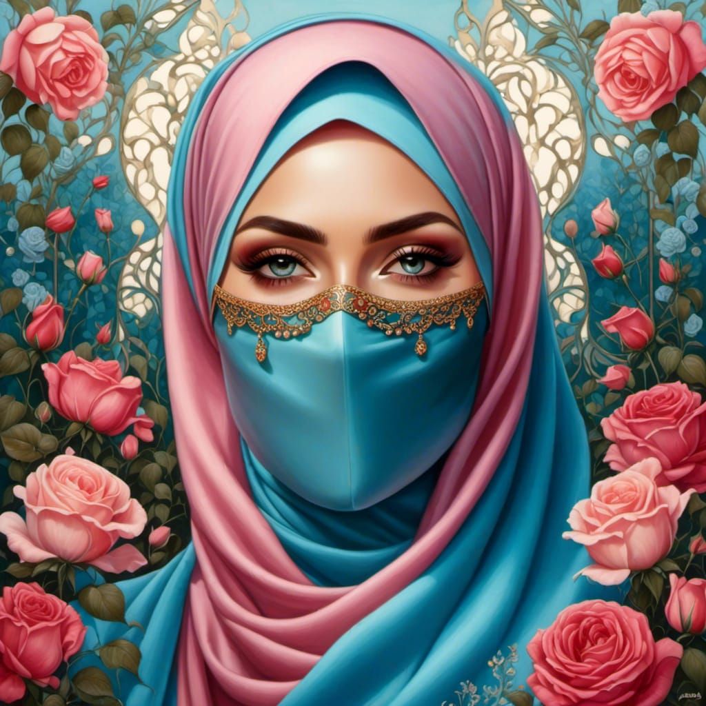 European Woman in Hijab in Rose Garden Painting