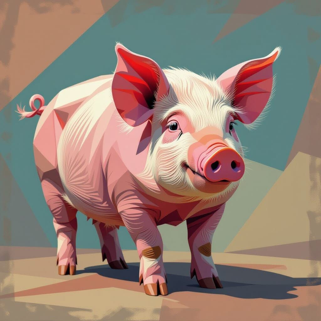 Neo-Cubist Pig with Art Deco and Fauvist Geometric Style
