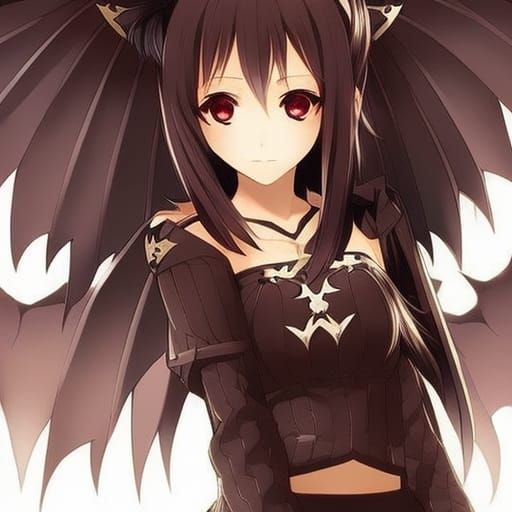 Gothic Asian Girl with Bat Wings in Anime Style