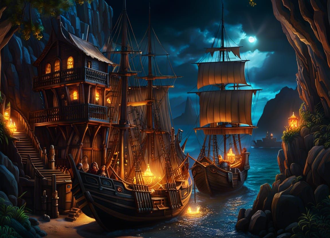 Rich Pirate Hideout in Torchlit Cove