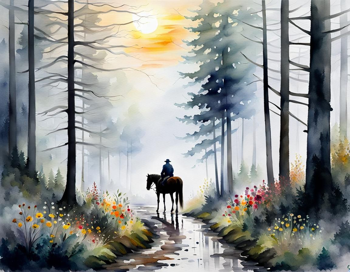 Lonely Rider in Foggy Forest Watercolor Painting