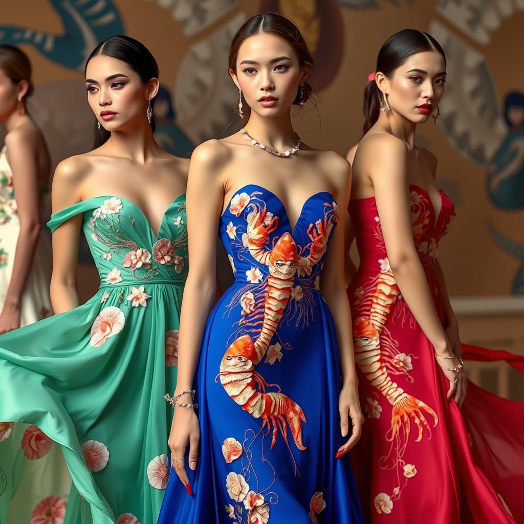 Prawn-Inspired Spring Gala Dresses with Seafood Motifs