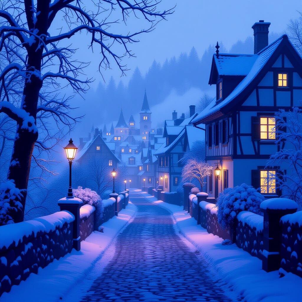Mystical Old Town in Pearlescent Winter Fog