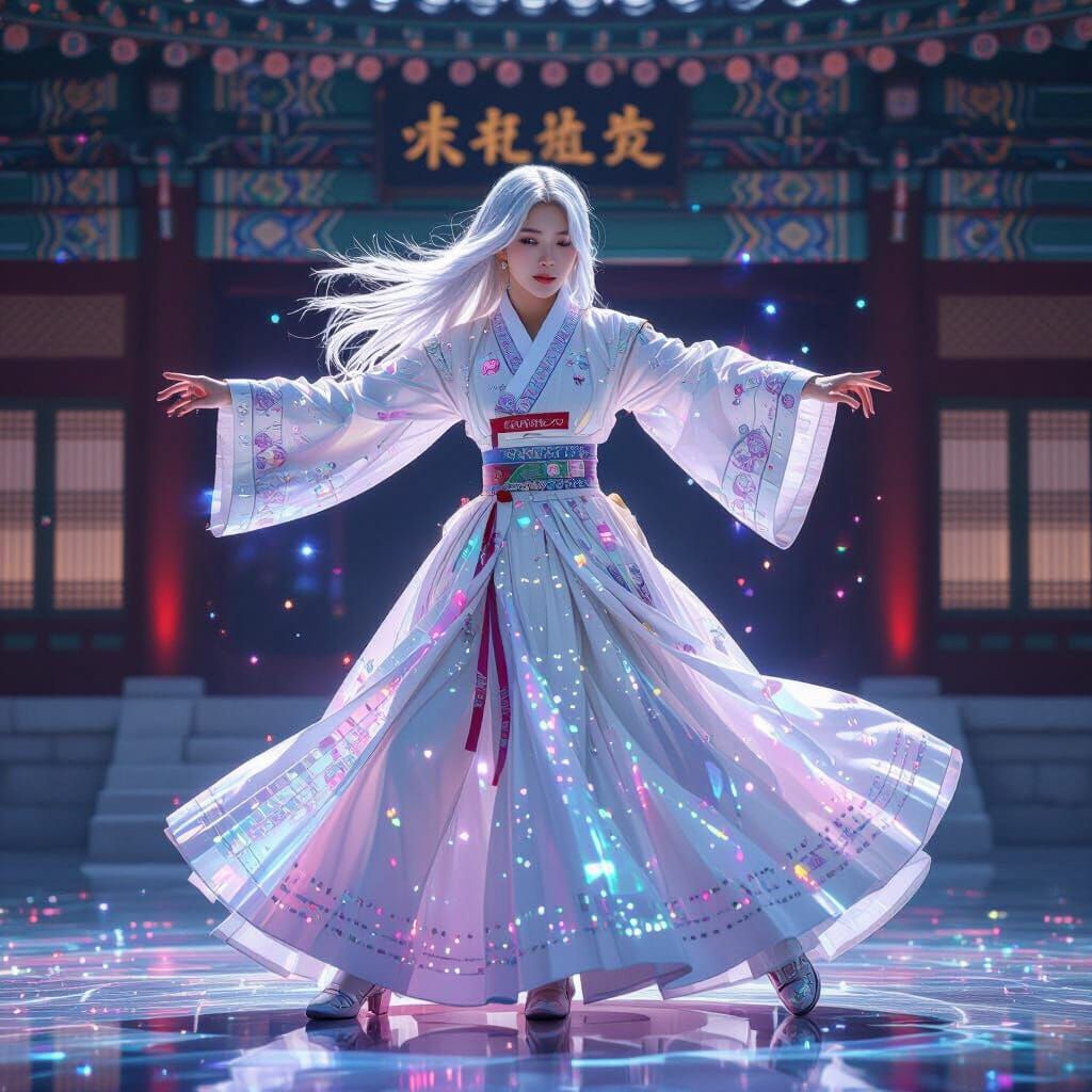 Futuristic K-Pop Star Performing in Holographic Hanbok