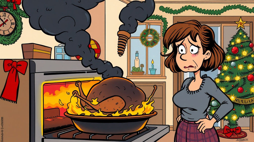 Woman Despairing Over Burnt Holiday Turkey, Twinkling Winter...