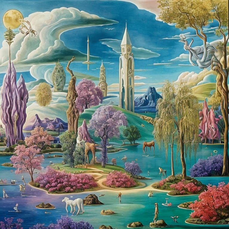Crystal Unicorns and Willows in Surrealist Style