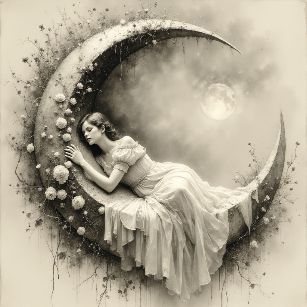 Surreal Woman Sleeps on Moon in Pencil Charcoal Style