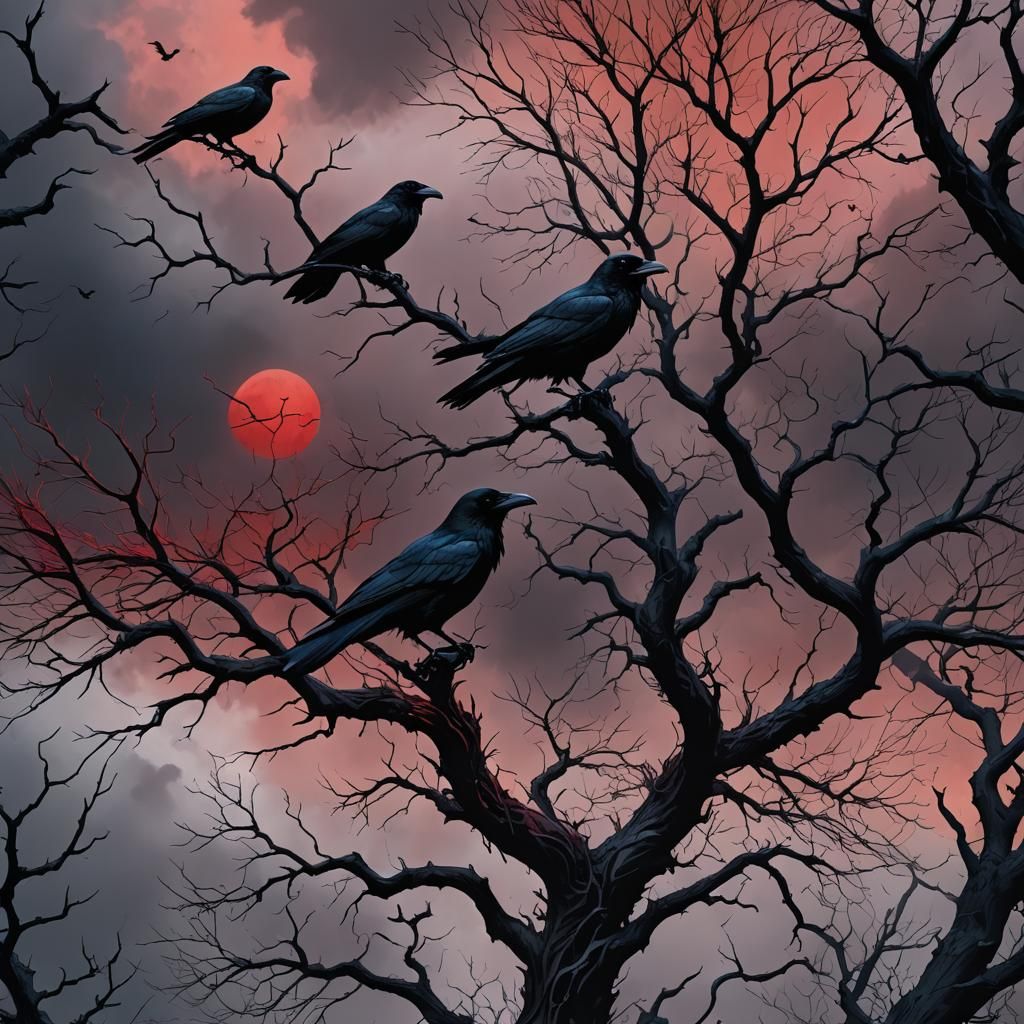 Raven in Dark Fantasy Landscape, Hyperdetailed Art