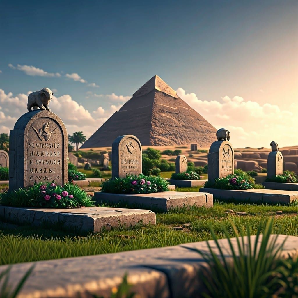 Ancient Tombstones Amidst Pyramids in a Vibrant 3D Anime Sty...