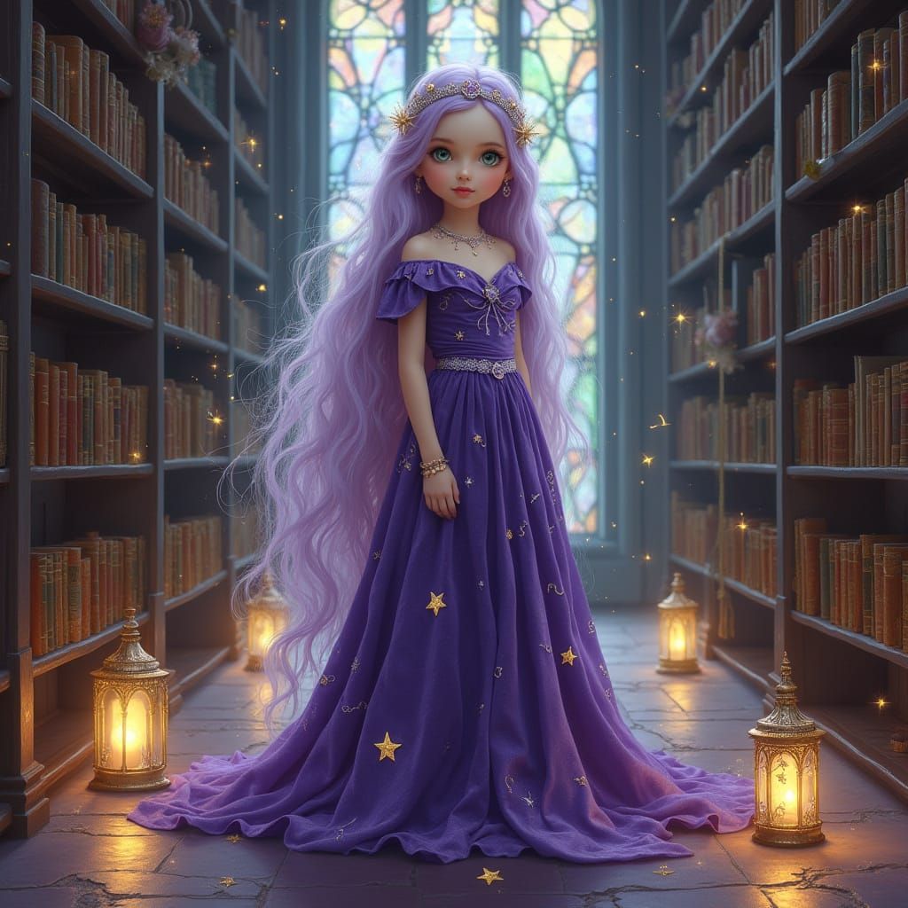 Whimsical Library Goddess with Lavender Hair and Peridot Eye...
