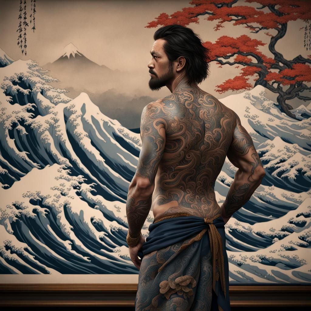Maori tattoo Poseidon standing in front of Hokusai painting
