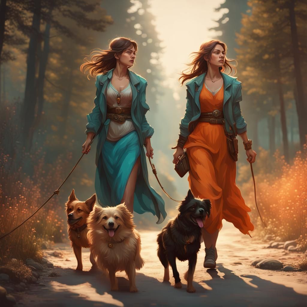 Women Walking Dogs on Trail in Detailed Art Style